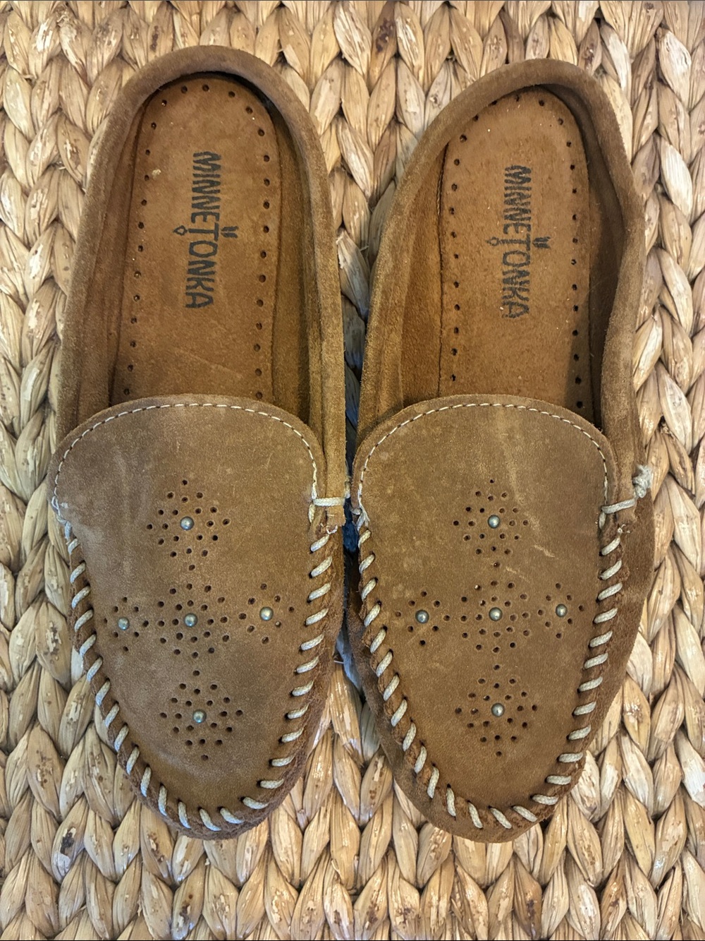 Minnetonka Chestnut Suede Perforated Moccasins with Whipstitch Trim
